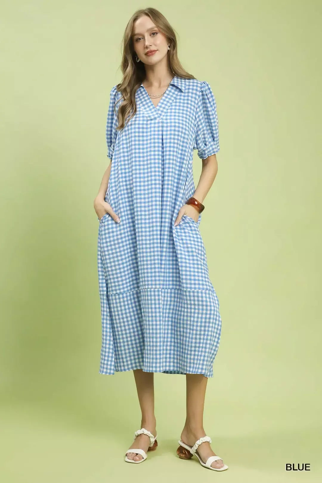Gingham Midi Dress with Side Pockets in Blue for Women