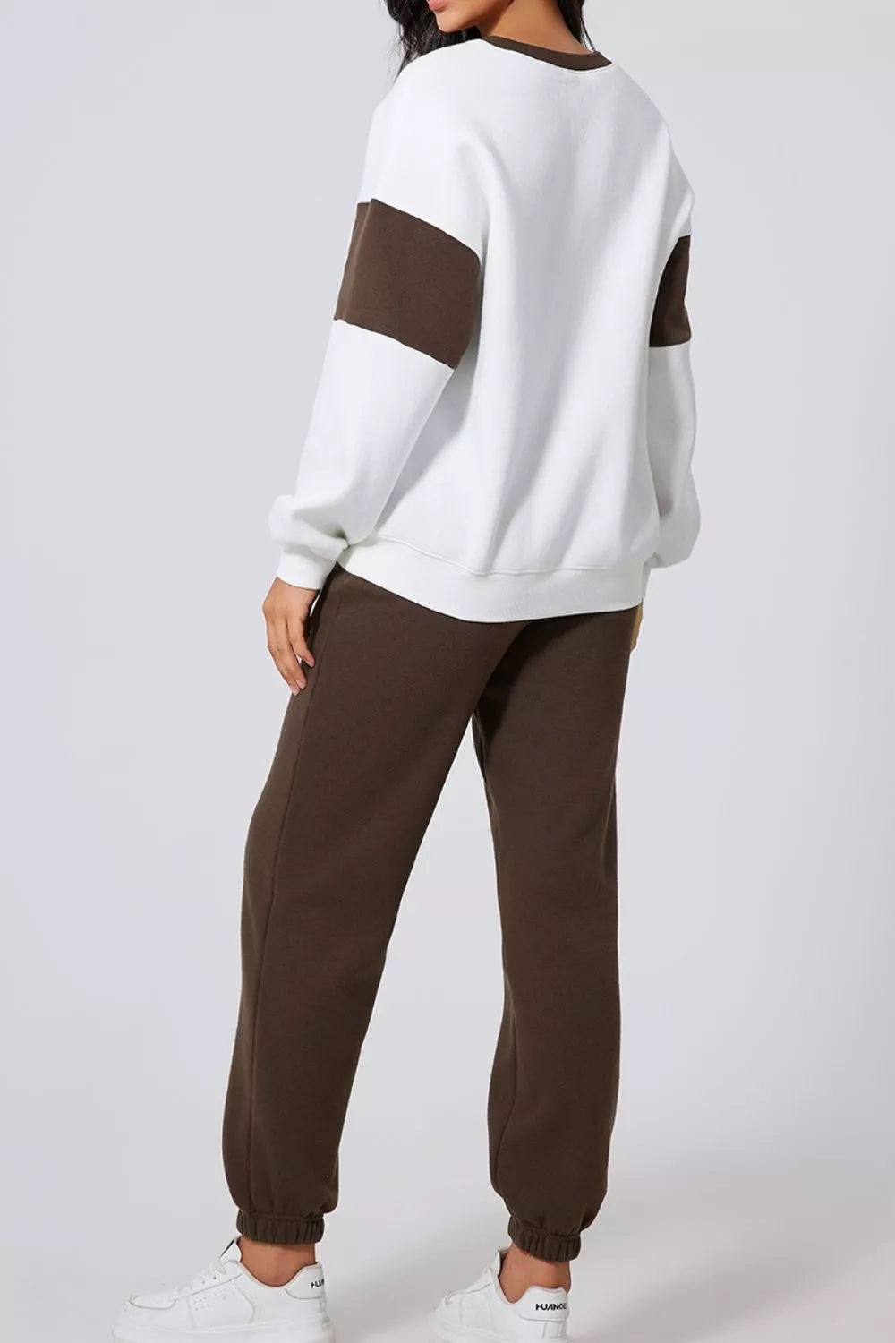 Drop Shoulder Loose Sweatshirt and Joggers Active Set in Chocolate for Women