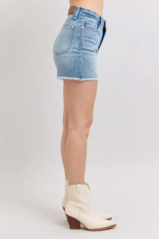 High Waist Western Embroidery Detail Cut Off Denim Shorts Plus Size for Women