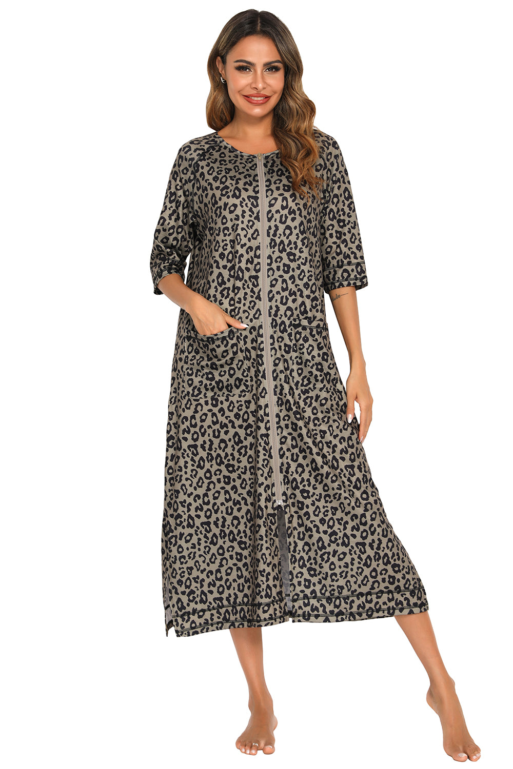 Printed Slit Night Dress with Pockets in Black for Women