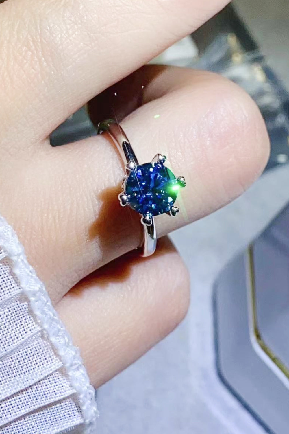 1 Carat Moissanite 6-Prong Solitaire Ring in Blue for Women