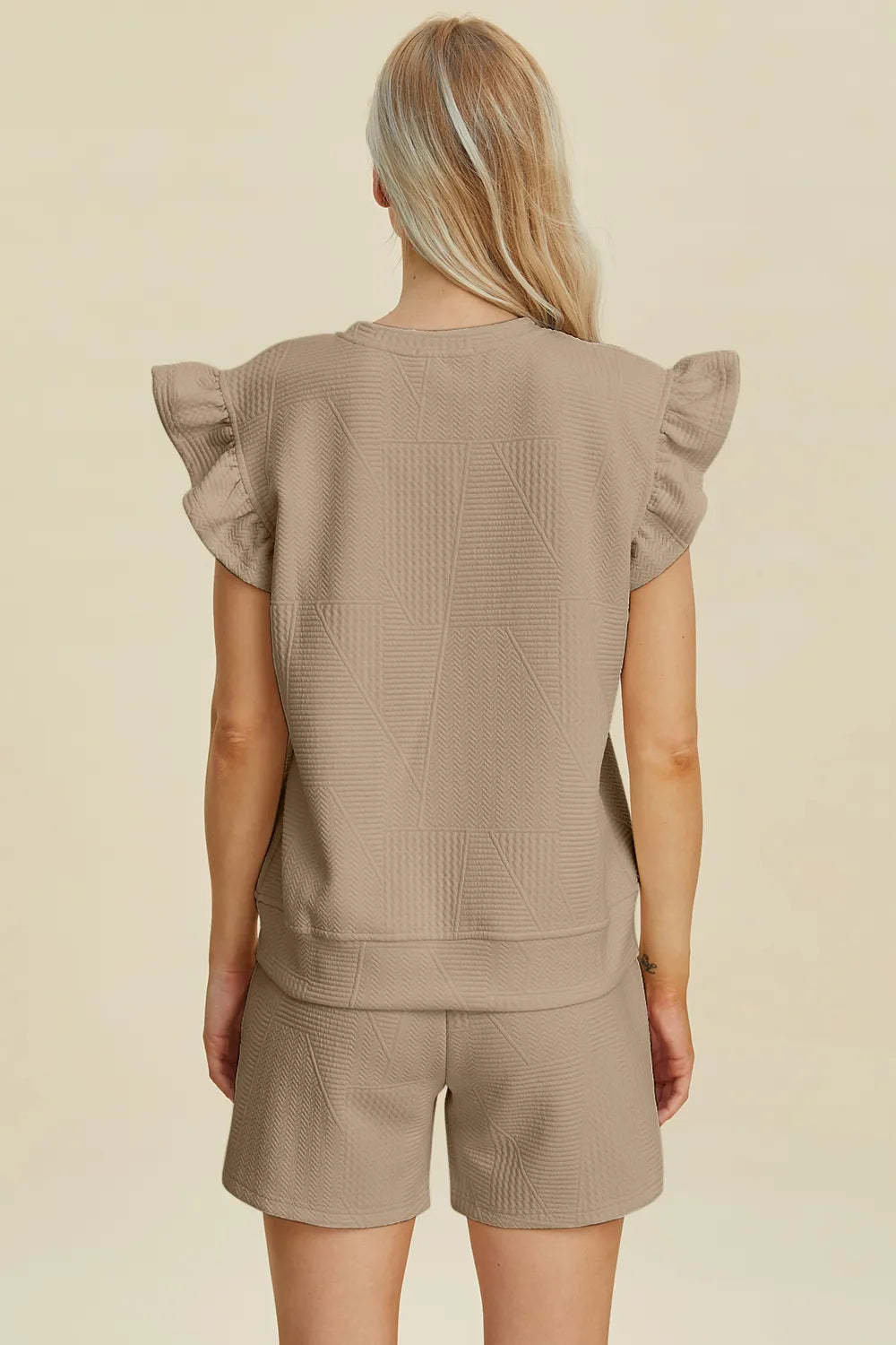 Plus Size Texture Round Neck Ruffle Sleeve Top and Shorts Set in Khaki for Women