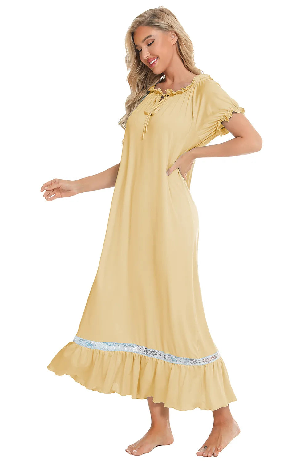Lace Detail Short Sleeve Lounge Dress in Light Green for Women
