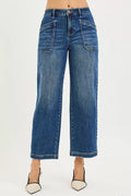 Slouchy Cropped Baggy Jeans with Front Patch Pocket in Dark for Women