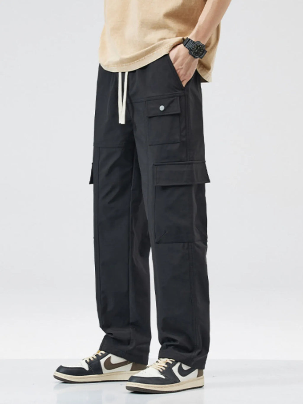 Relaxed Fit Cargo Pants with Drawstring Plus Size in Black for Men