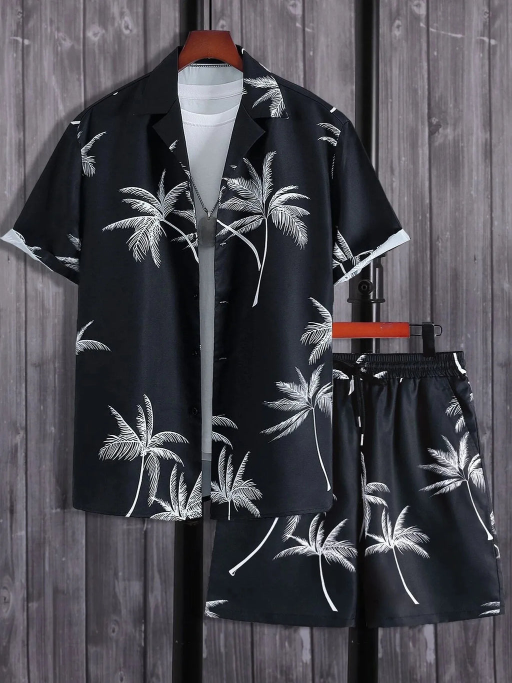 Palm Print Button Up Shirt and Shorts Set Plus Size in Black for Men