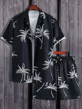 Palm Print Button Up Shirt and Shorts Set Plus Size in Black for Men