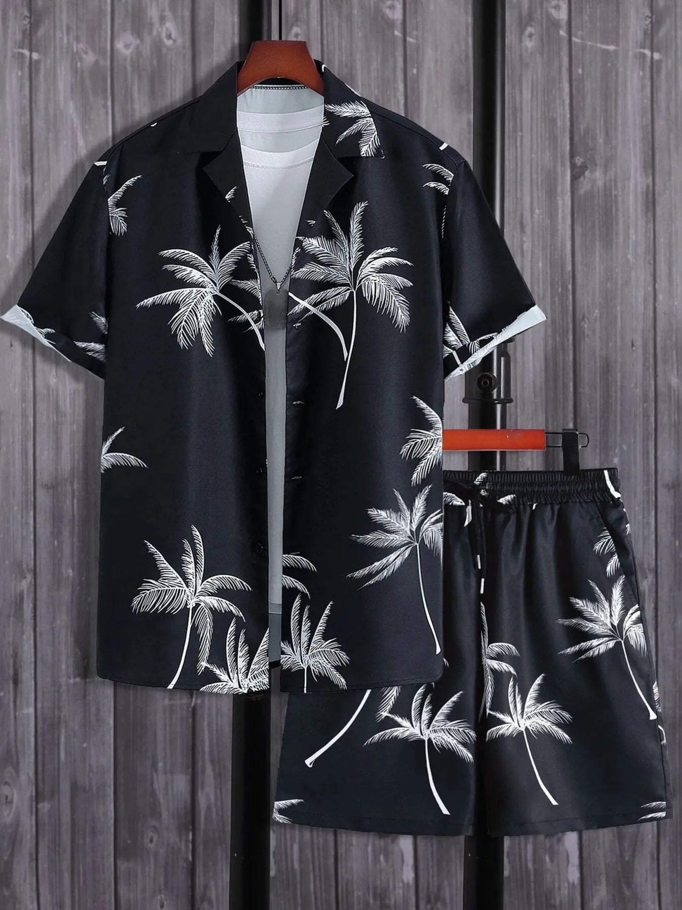 Palm Print Button Up Shirt and Shorts Set Plus Size in Black for Men