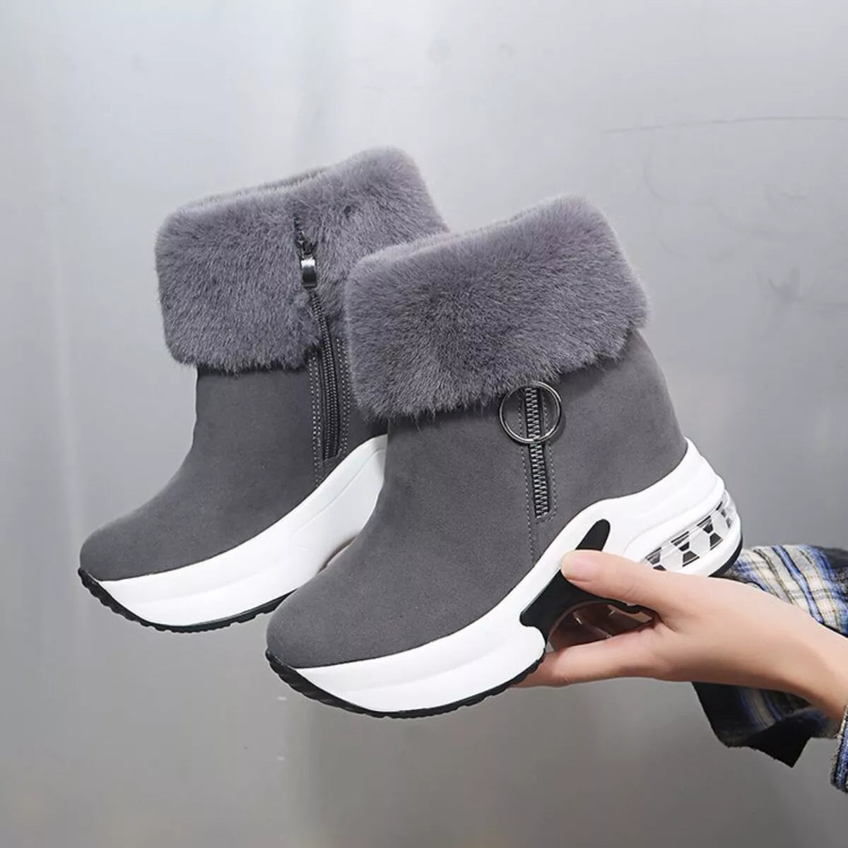 Fuzzy Side Zipper Platform Ankle Boots in Gray for Women