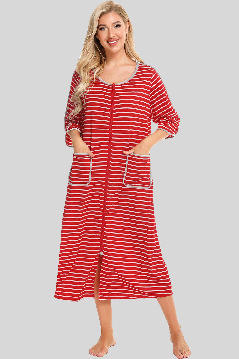 Round Neck Three-Quarter Sleeve Midi Night Dress in Navy for Women