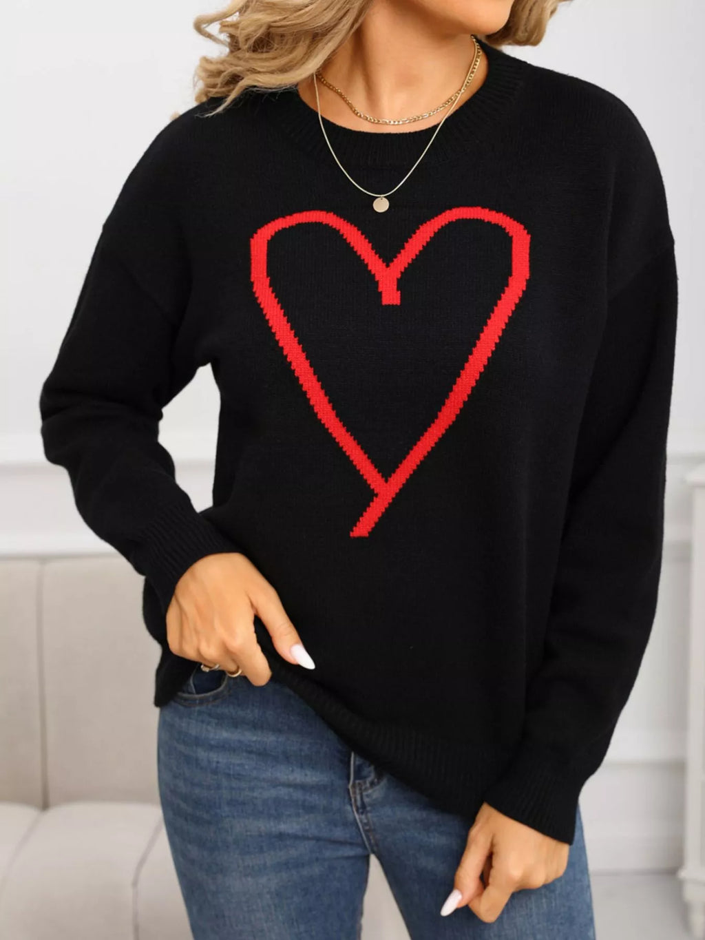 Valentines Day Heart Graphic Dropped Shoulder Sweater in Red for Women