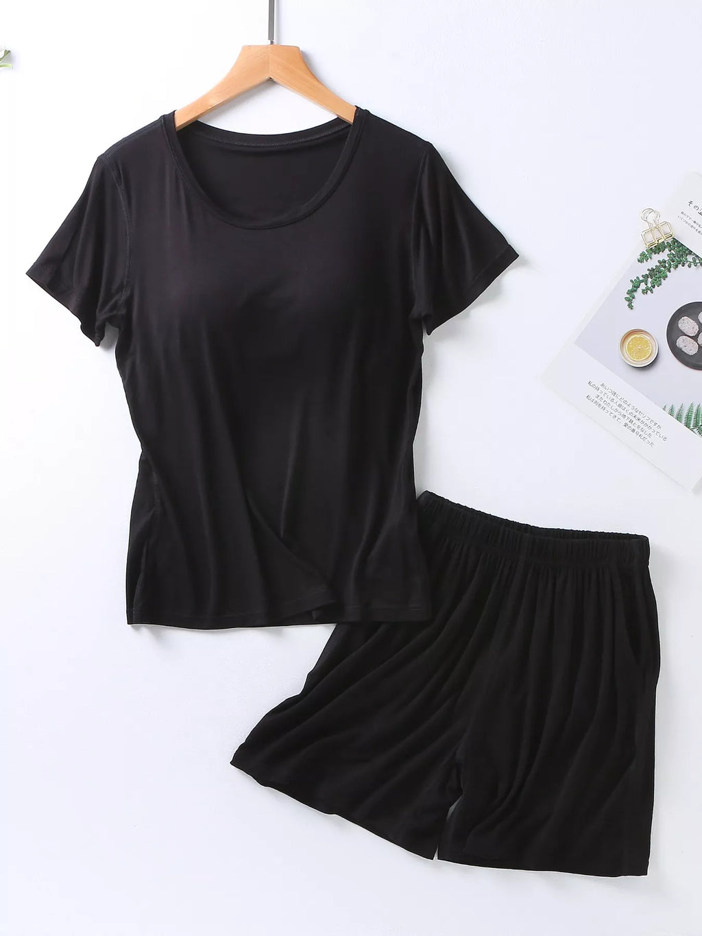 Plus Size Padded Round Neck Modal T-Shirt and Shorts Set in Advanced Gray for Women