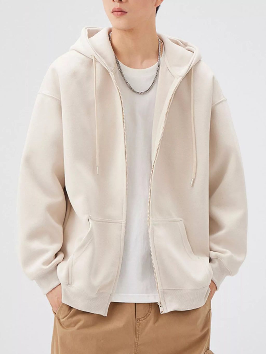 Casual Loose Fit Zip-Up Hoodie in White Gray for Men