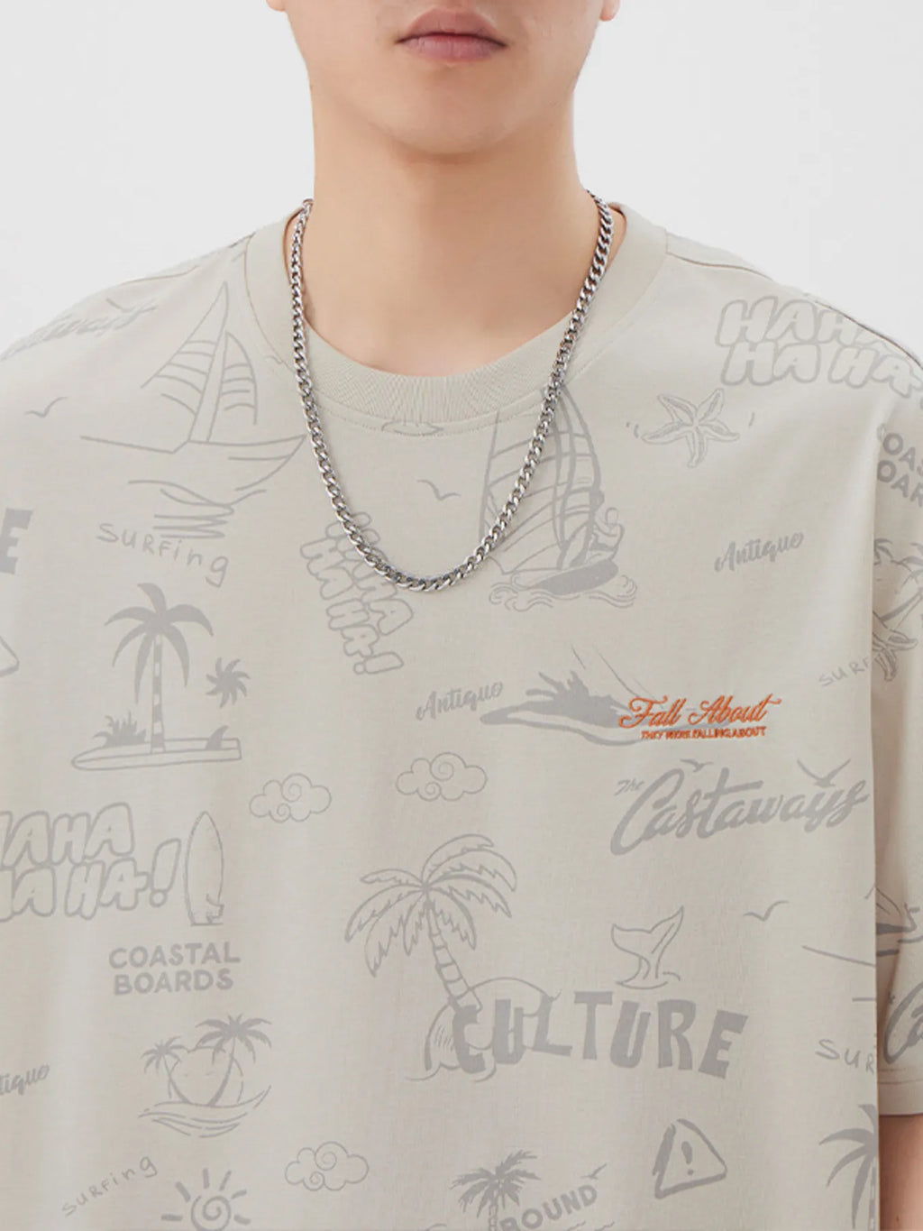 Plus Size Printed Round Neck Relaxed Fit T-Shirt in Apricot for Men