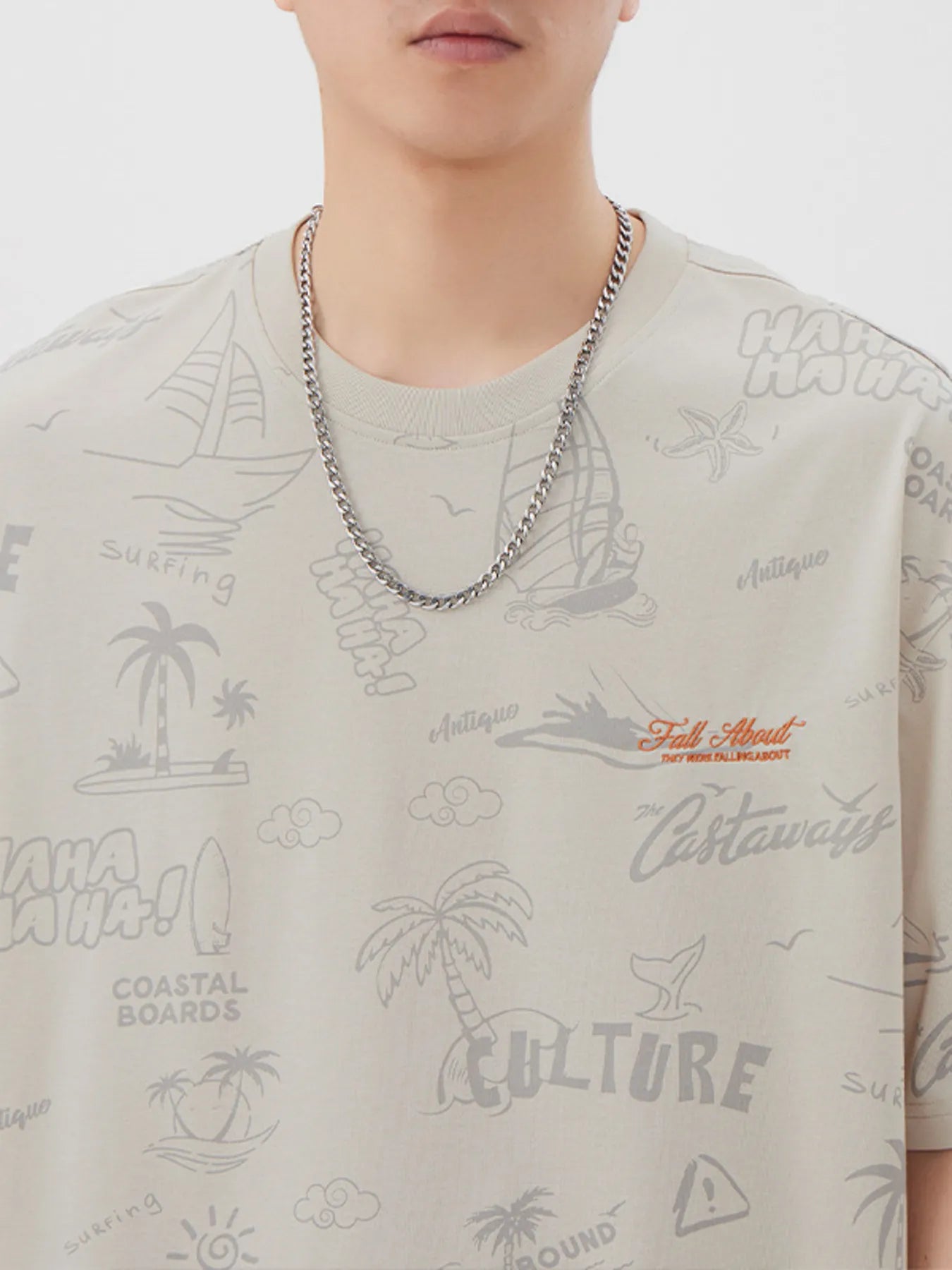 Plus Size Printed Round Neck Relaxed Fit T-Shirt in Apricot for Men