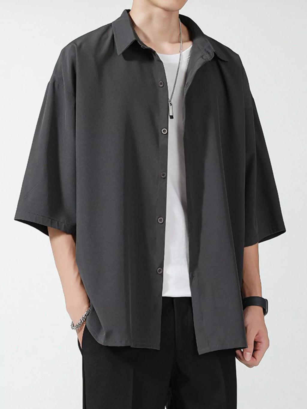Button Up Short Sleeve Shirt Plus Size in Black for Men