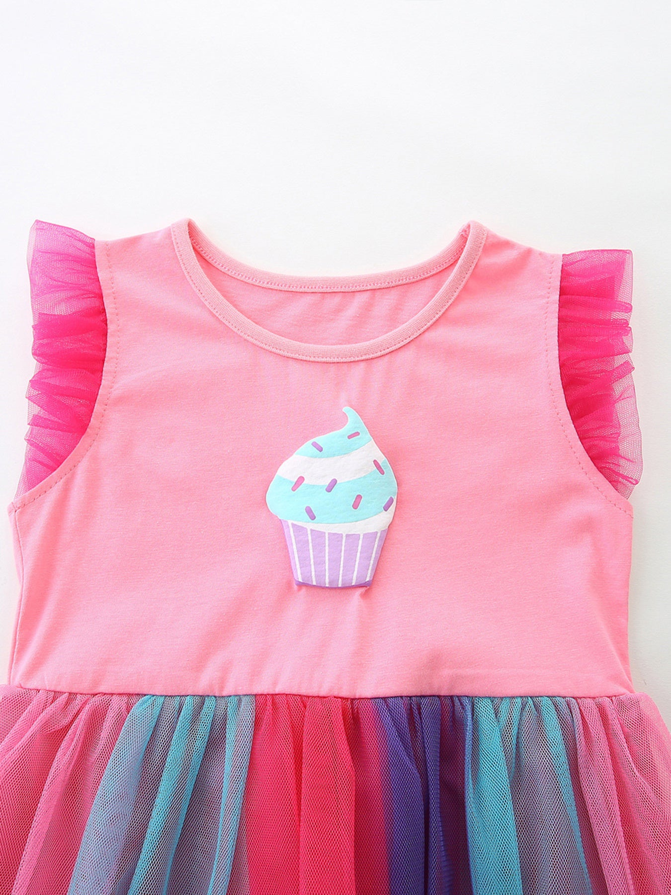 Cupcake Graphic Rainbow Tulle Dress in Fuchsia Pink for Girls
