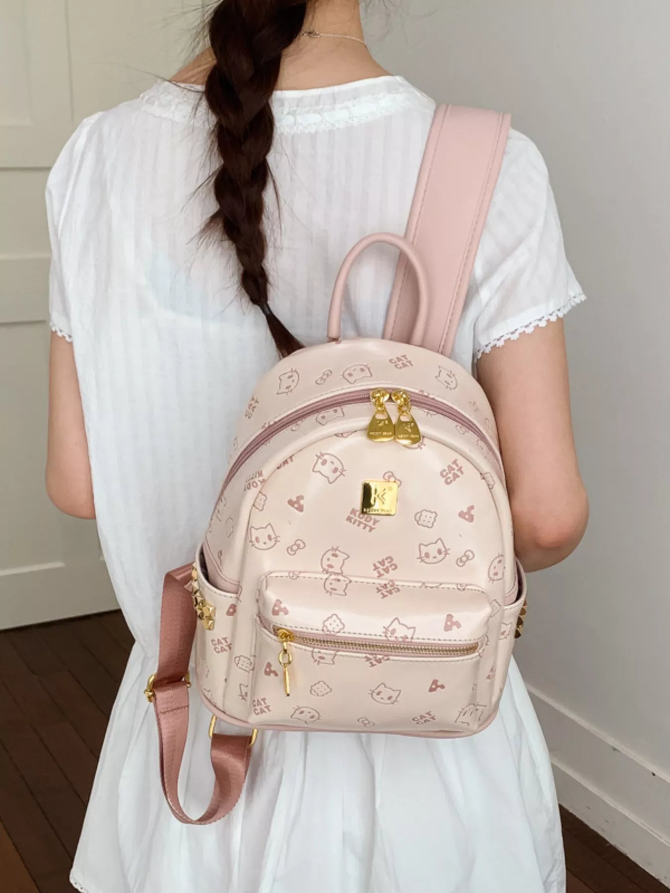 Cartoon Pattern Backpack Bag with Bear Pendant in Pastel Blue for Women