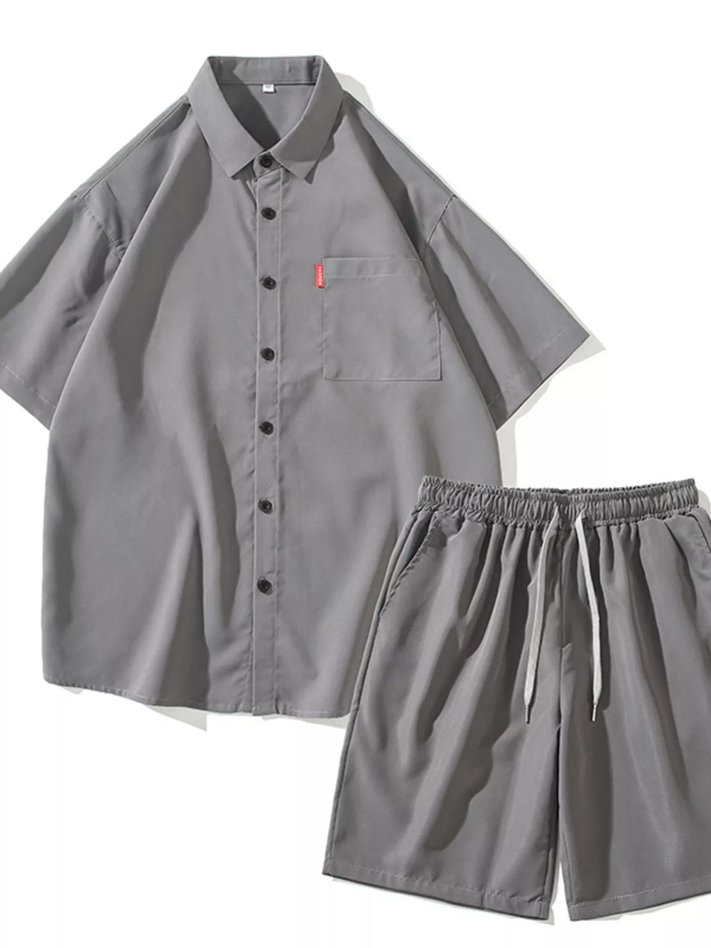 Plus Size Casual Solid Color Shirt & Shorts Set in Gray for Men