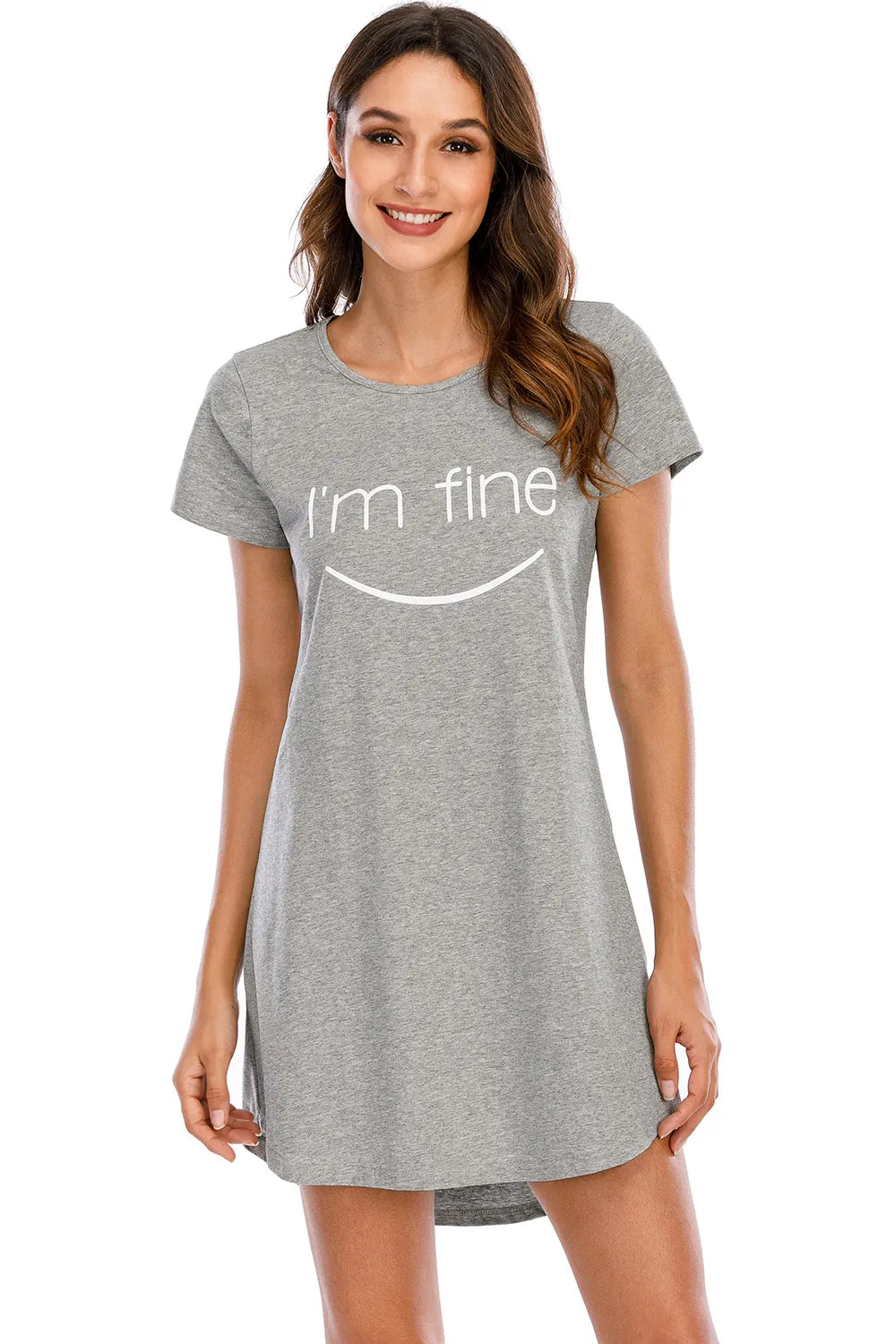 Graphic Round Neck Short Sleeve Lounge Dress in Gray for Women