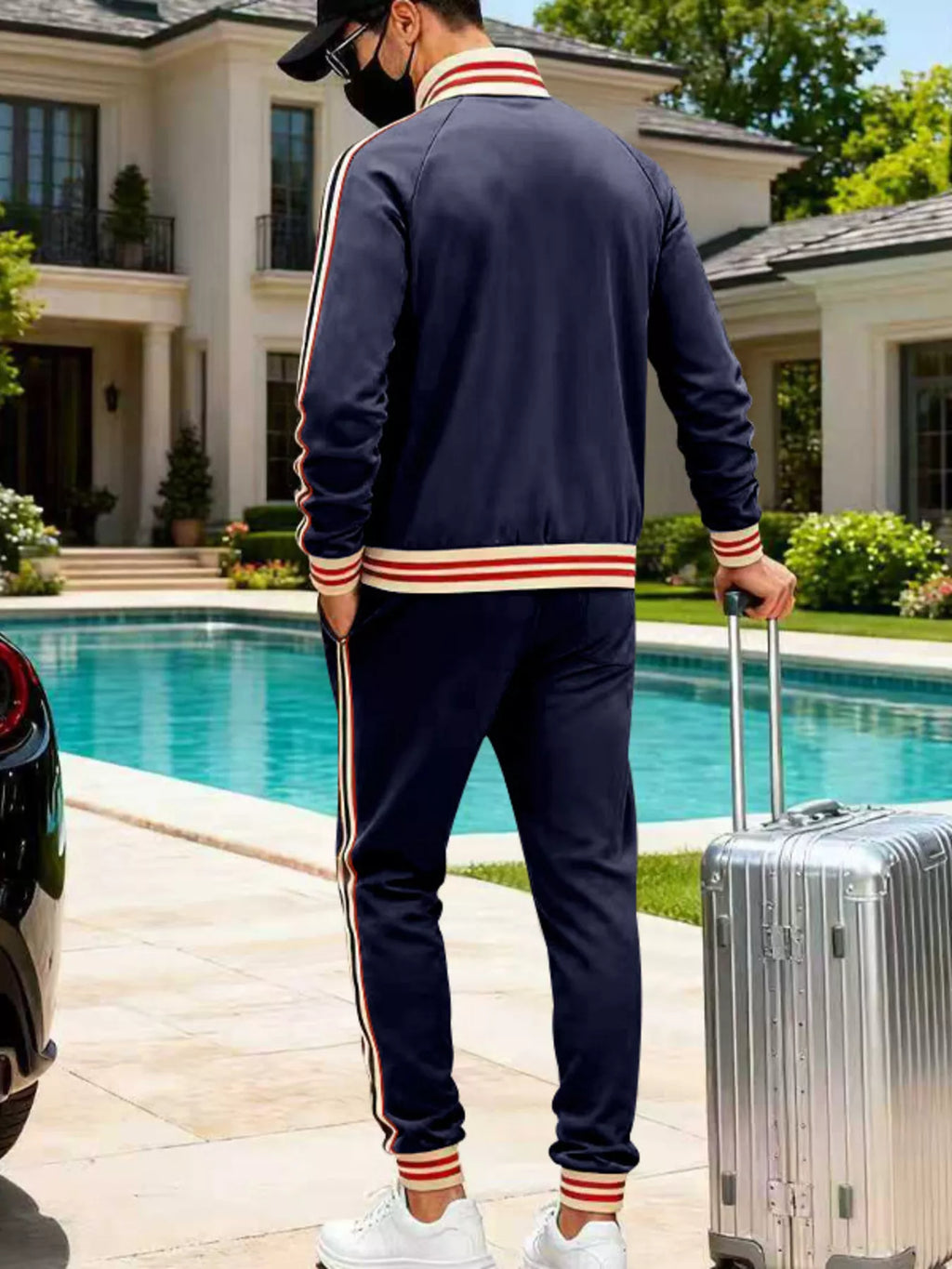 Striped Zip Up Outerwear and Pants Plus Size in Black for Men