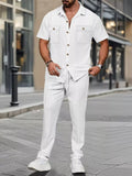 Casual Short Sleeve Shirt and Pants Set Plus Size in White for Men