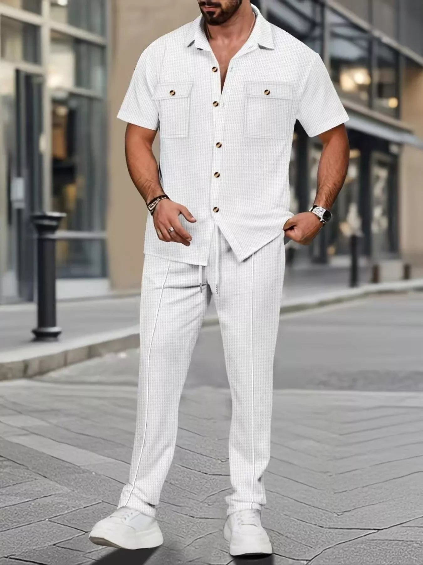 Casual Short Sleeve Shirt and Pants Set Plus Size in White for Men