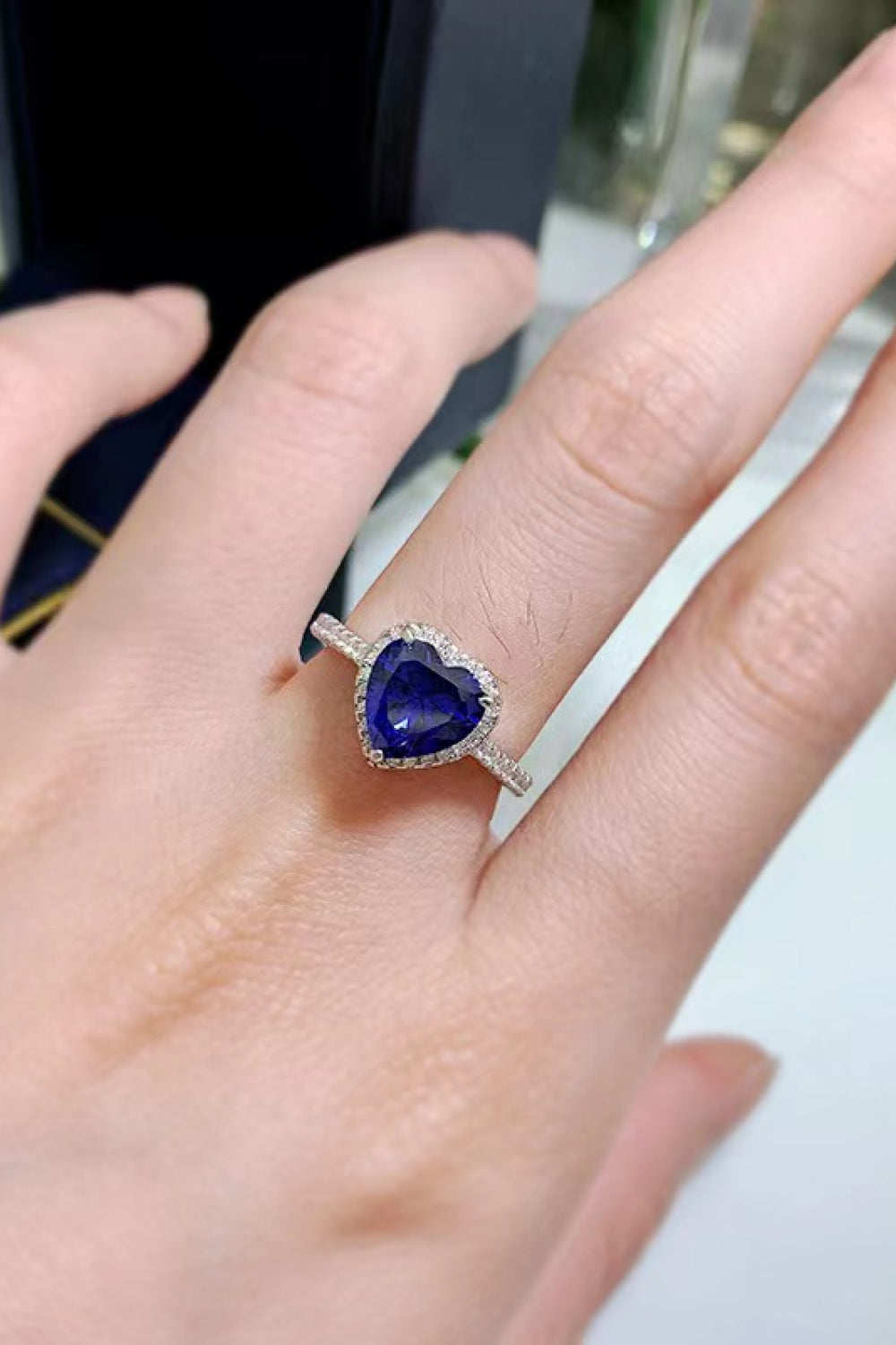 2 Carat Moissanite Heart-Shaped Side Stone Ring in Blue for Women