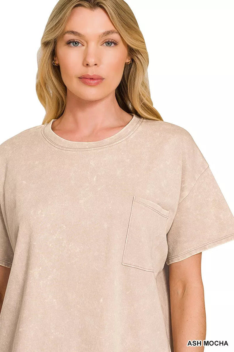 French Terry Acid Washed Relaxed Top & Short Set in Mocha for Women
