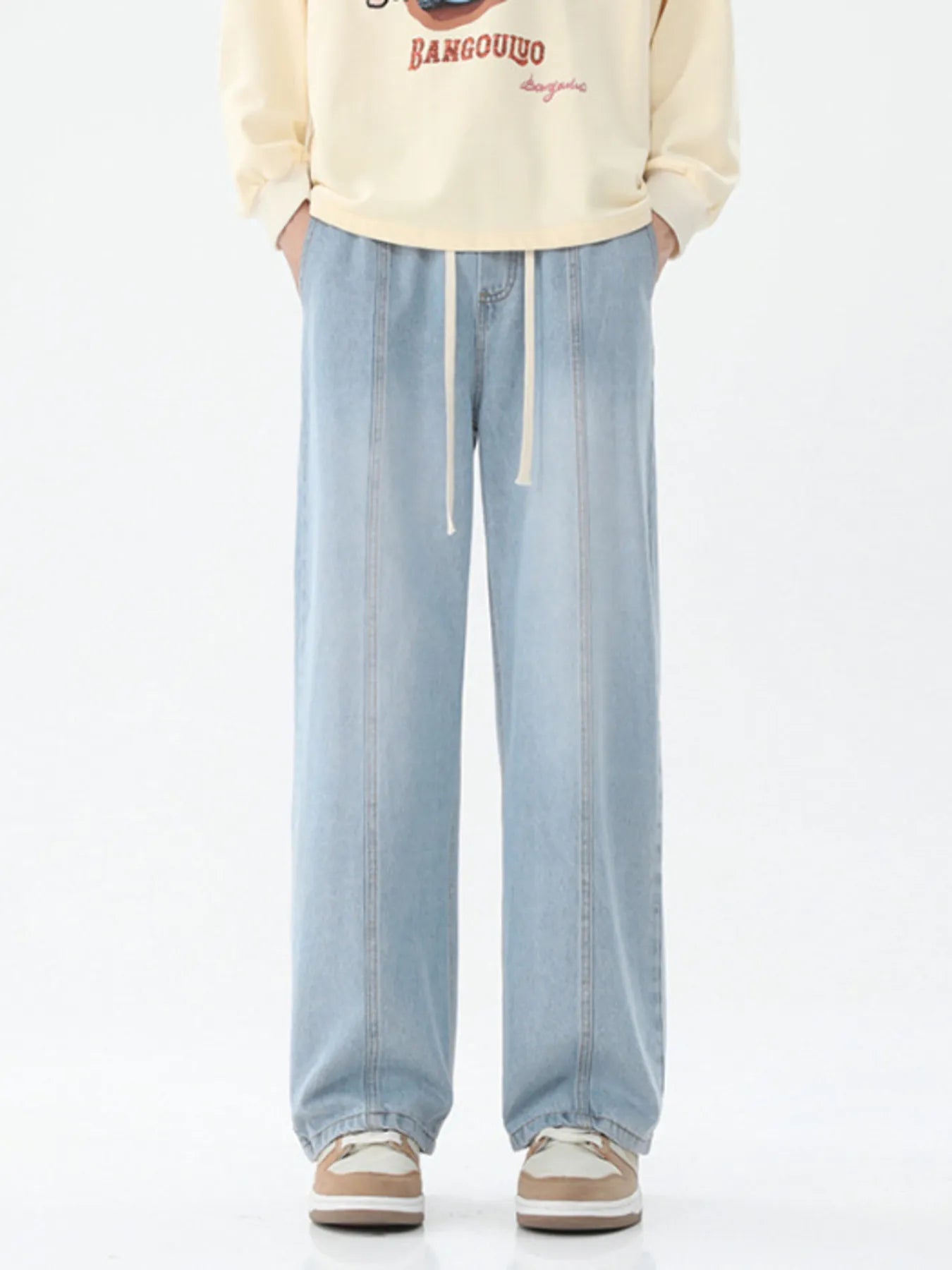Drawstring Wide Leg Jeans Plus Size in Light Blue for Men