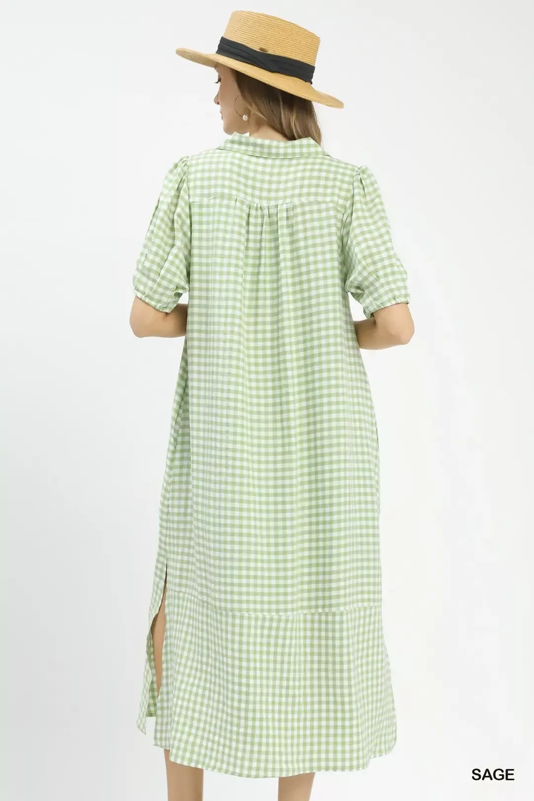 Gingham Midi Dress with Side Pockets in Sage for Women