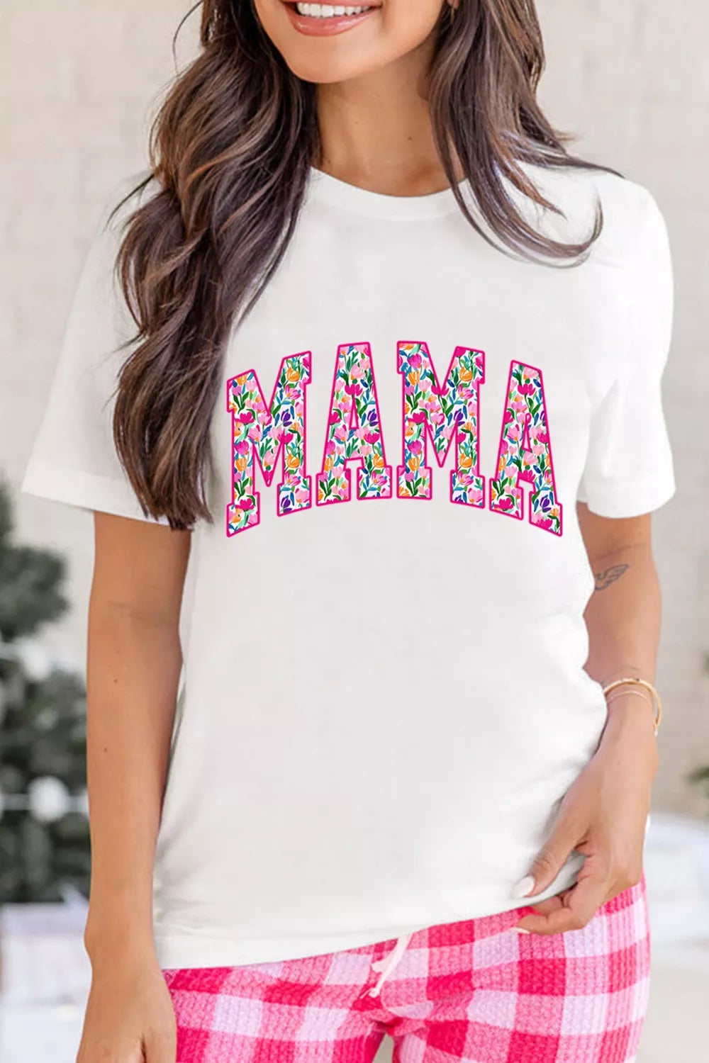 Floral Mama Graphic Casual Short Sleeve T-Shirt Plus Size in White for Women
