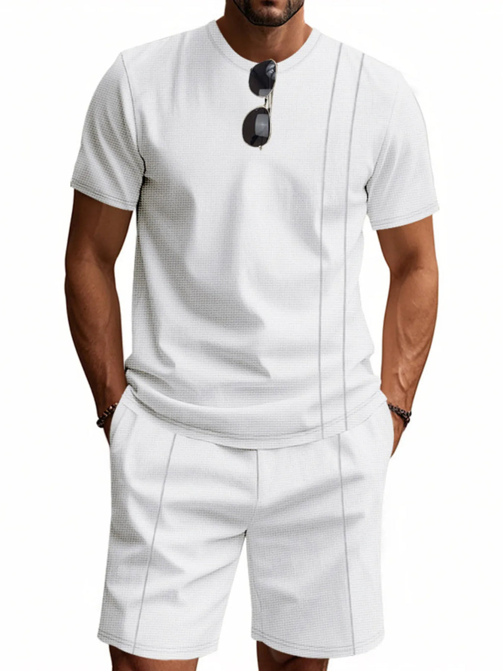 Round Neck Short Sleeve Top and Shorts Set Plus Size in Black in Khaki for Men