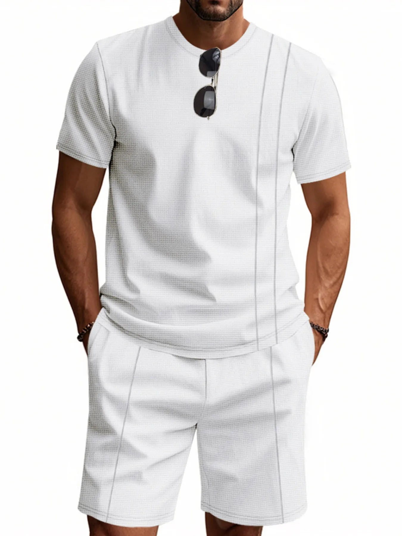 Round Neck Short Sleeve Top and Shorts Set Plus Size in Black in Khaki for Men