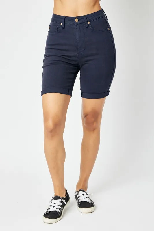 Plus Size High Waist Tummy Control Bermuda Shorts in Dark Blue for Women