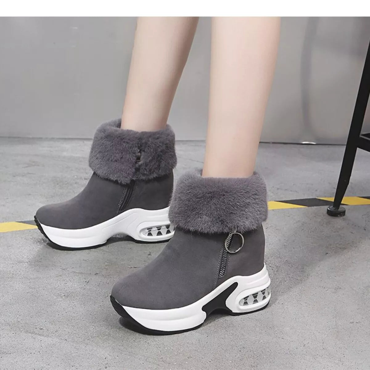Fuzzy Side Zipper Platform Ankle Boots in Gray for Women