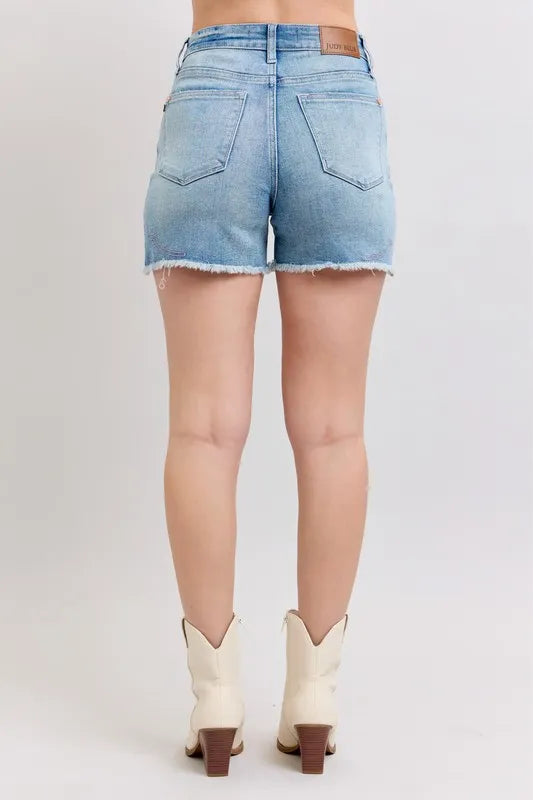 High Waist Western Embroidery Detail Cut Off Denim Shorts Plus Size in Light for Women