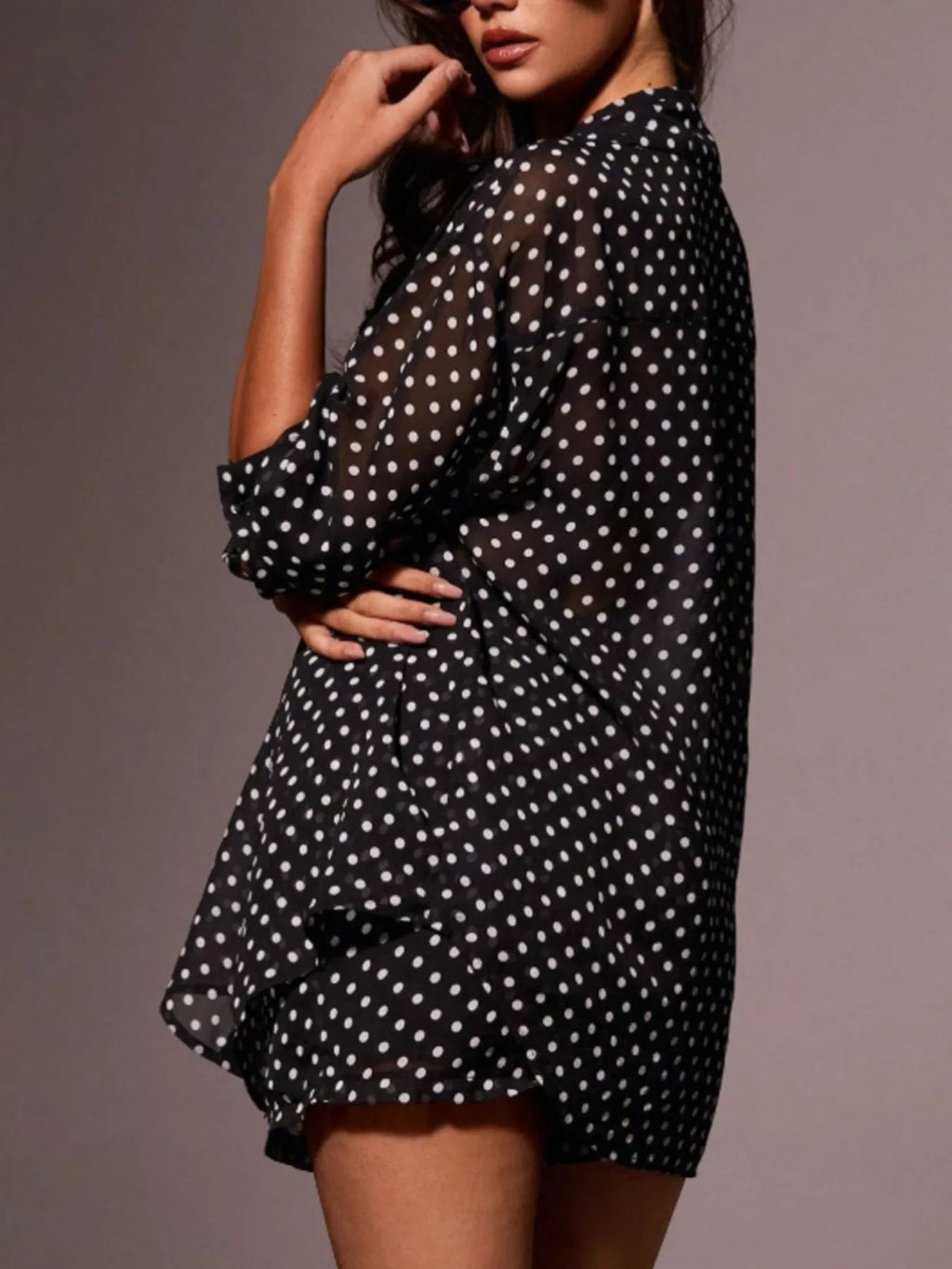 Polka Dot Button Up Shirt and Shorts Set in Black for Women