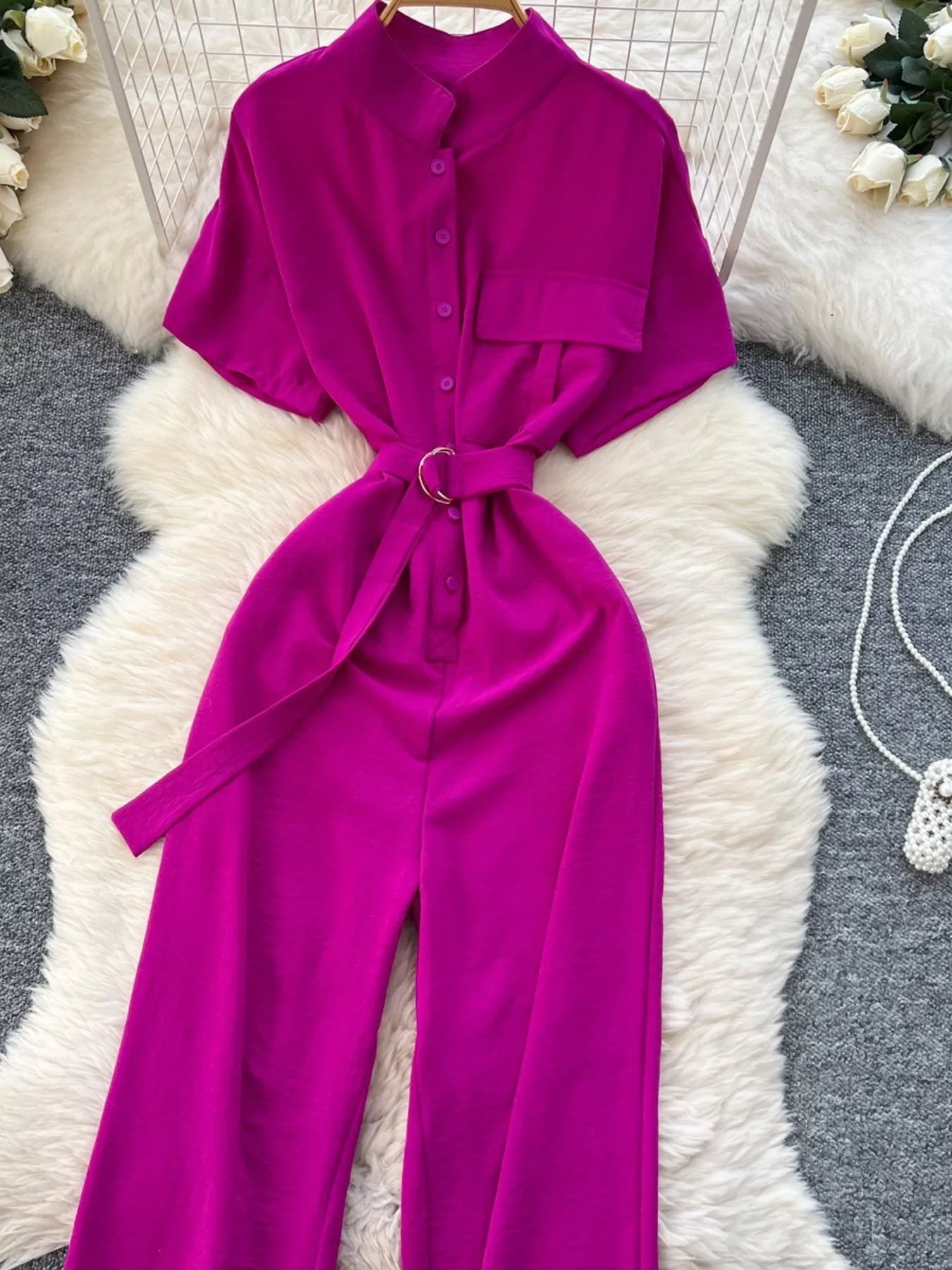 Red Button Front Wide Leg Jumpsuit for Women