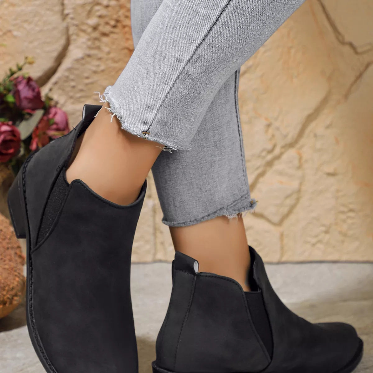 Point Toe Block Heels Ankle Boots in Black for Women