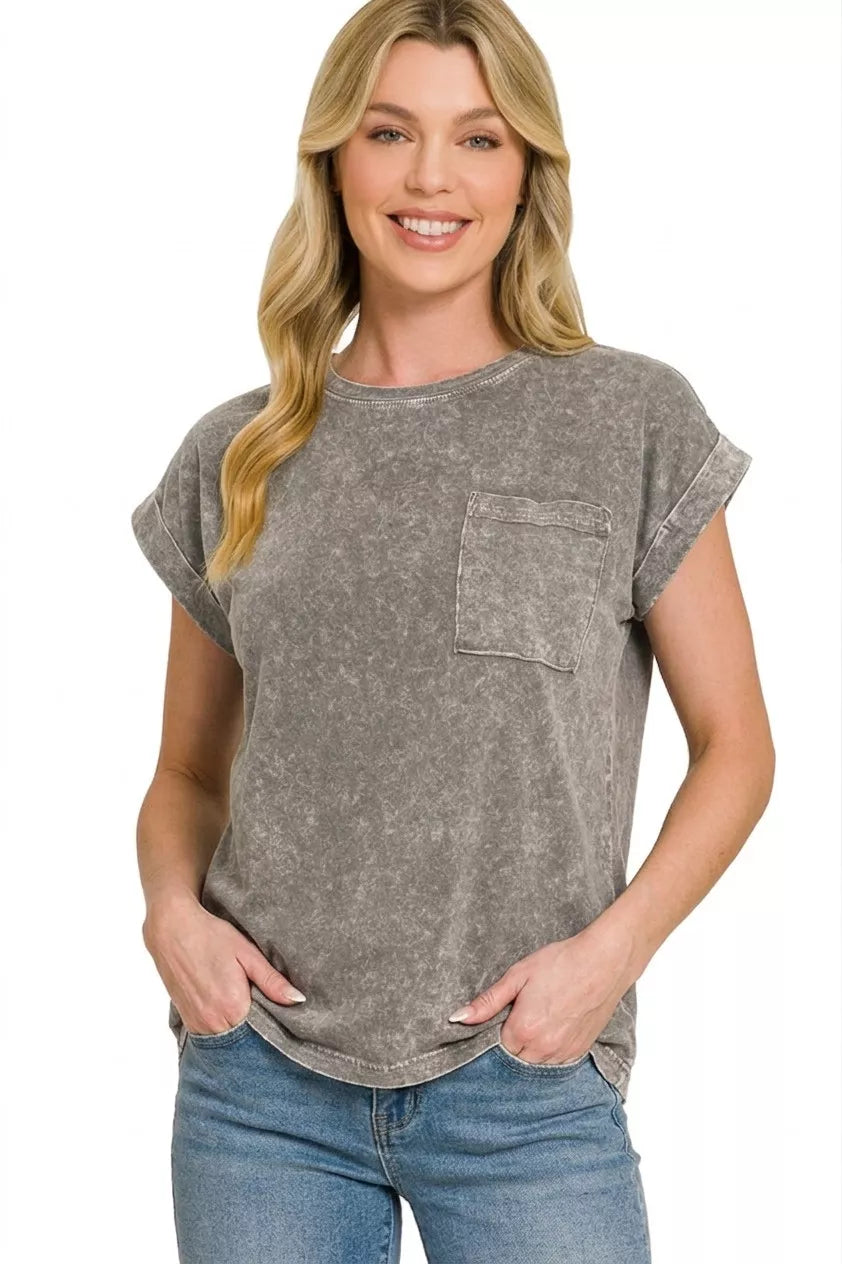 Halo Snow Washed Cuffed Short Sleeve Tee in Black for Women