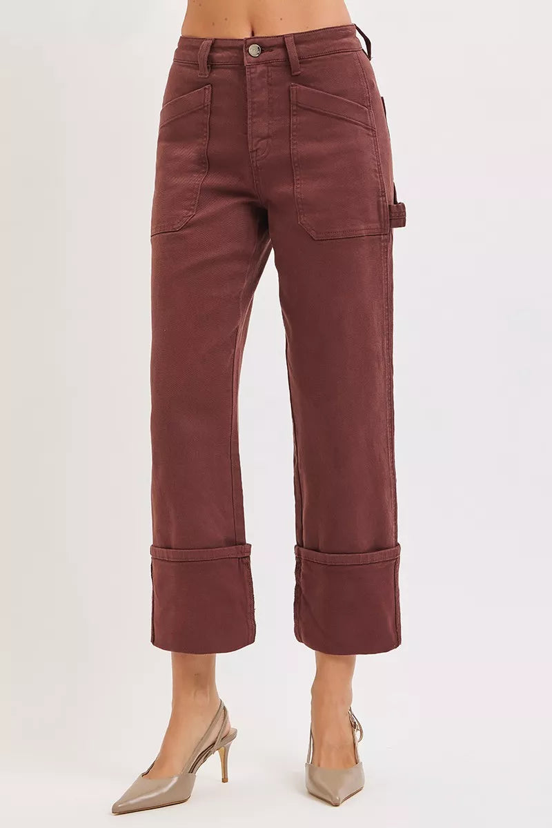 High Rise Wide Straight Cuffed Patch Jeans Plus Size in Choco Brown for Women