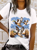 Wild Duck Graphic Round Neck Tee in White for Women