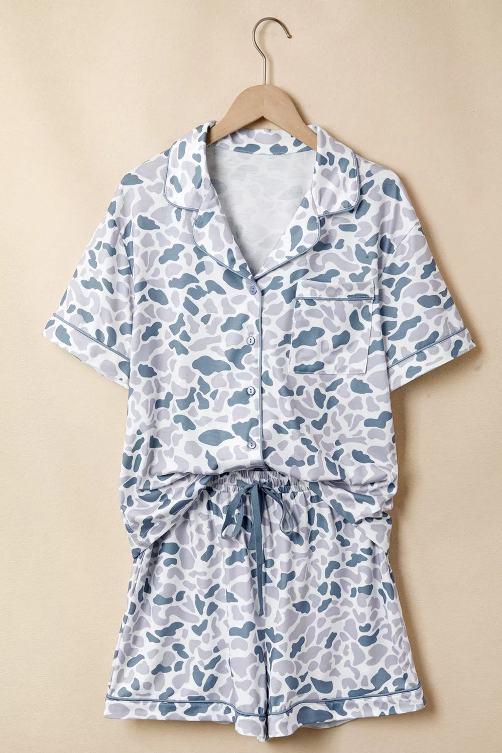 Camouflage Print Lapel Shirt Drawstring Two-Piece Shorts Pajama Set in Dusty Blue for Women