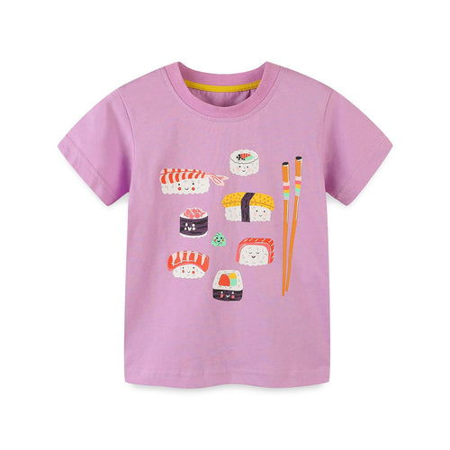 Cartoon Fruit Print Short Sleeve T-Shirt in Multicolor for Girls