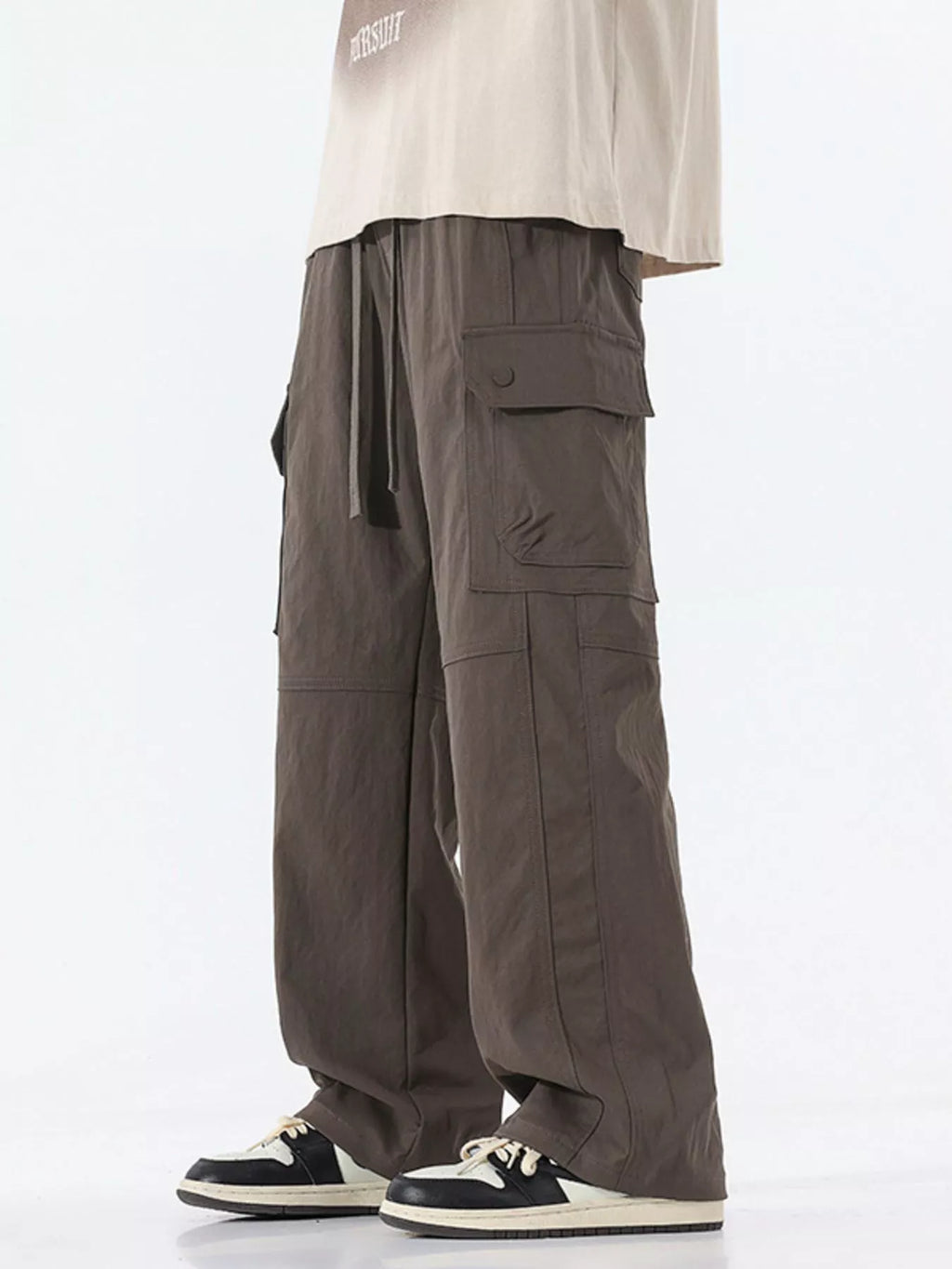 Drawstring Cargo Wide Leg Pants Plus Size in Black for Men