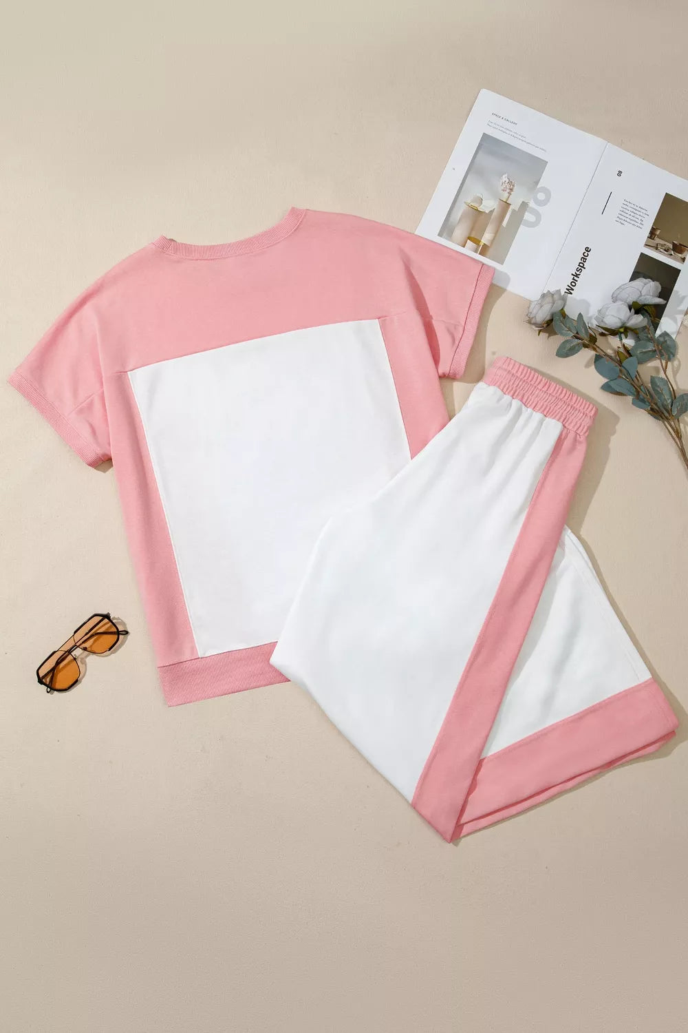 Two-Tone Color Block Patchwork Tee Drawstring Loose Pant Set for Women