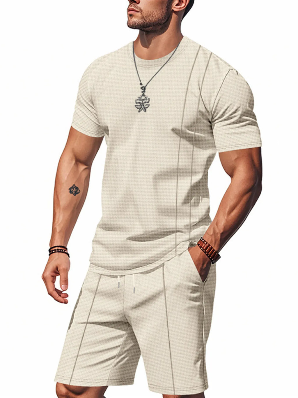 Round Neck Short Sleeve Top and Shorts Set Plus Size in Black for Men