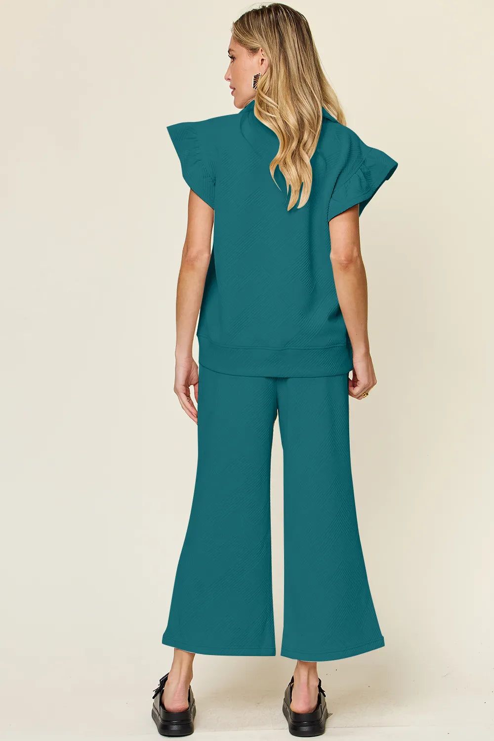 Texture Ruffle Short Sleeve Top and Drawstring Wide Leg Pants Set in Royal Blue for Women