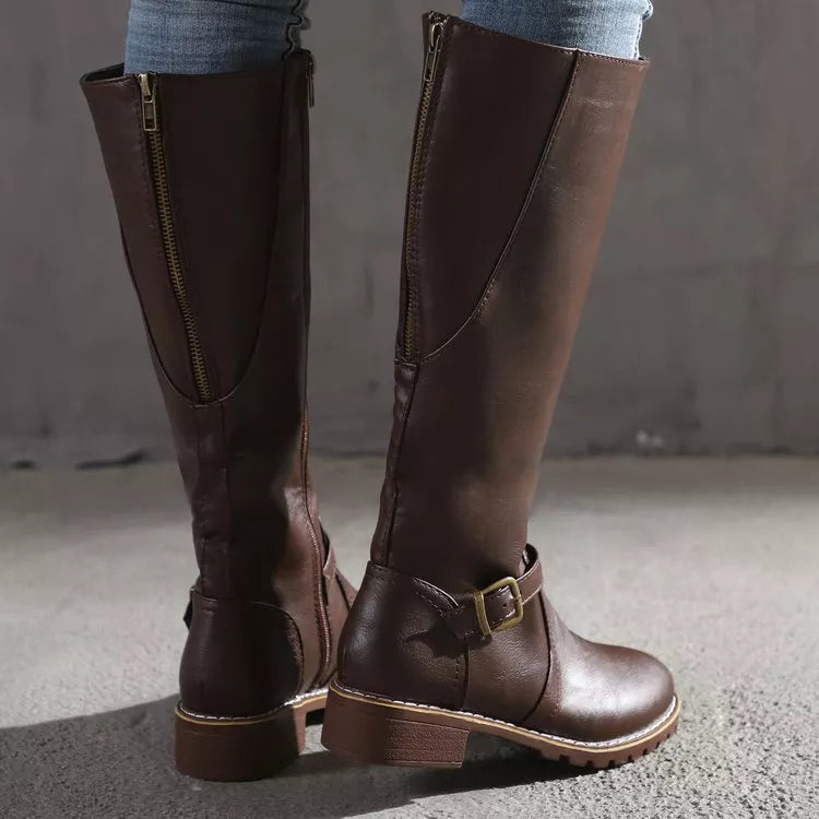 Round Toe Block Heels Boots in Yellow in Dark Brown for Women